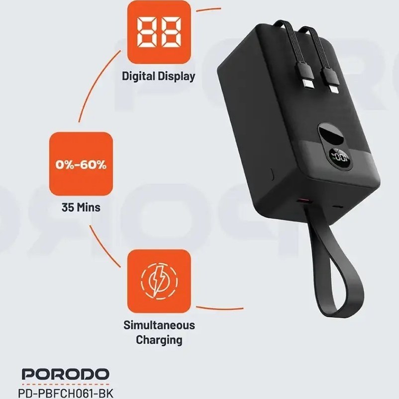 پاوربانک پرودو مدل Integrated Cables ظرفیت 50000 میلی آمپر بر ساعت