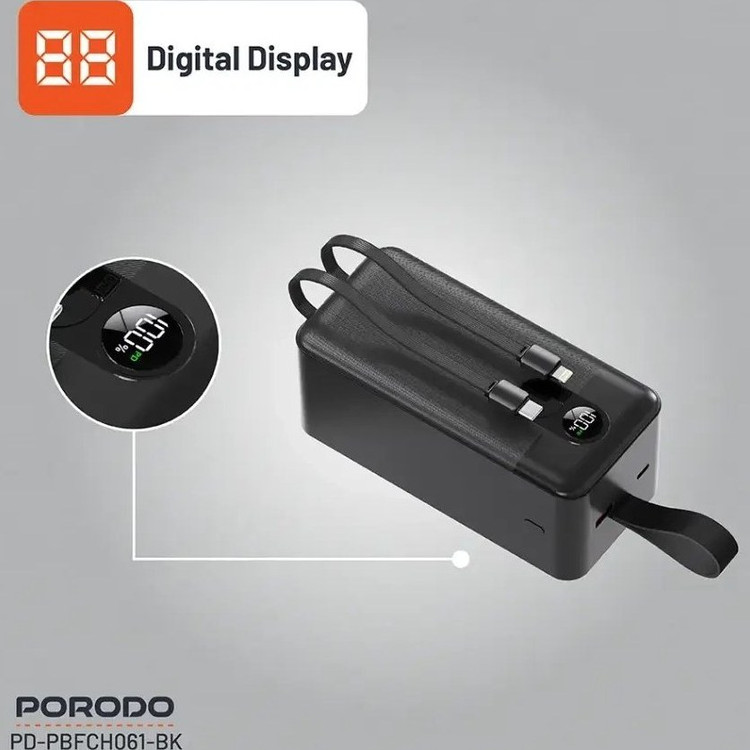 پاوربانک پرودو مدل Integrated Cables ظرفیت 50000 میلی آمپر بر ساعت